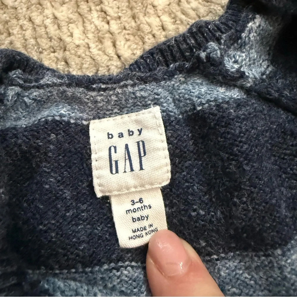 Baby Gap Knit Striped Romper 3-6M Navy Blue Gray Blue Teddy Bear One-Piece Rugby